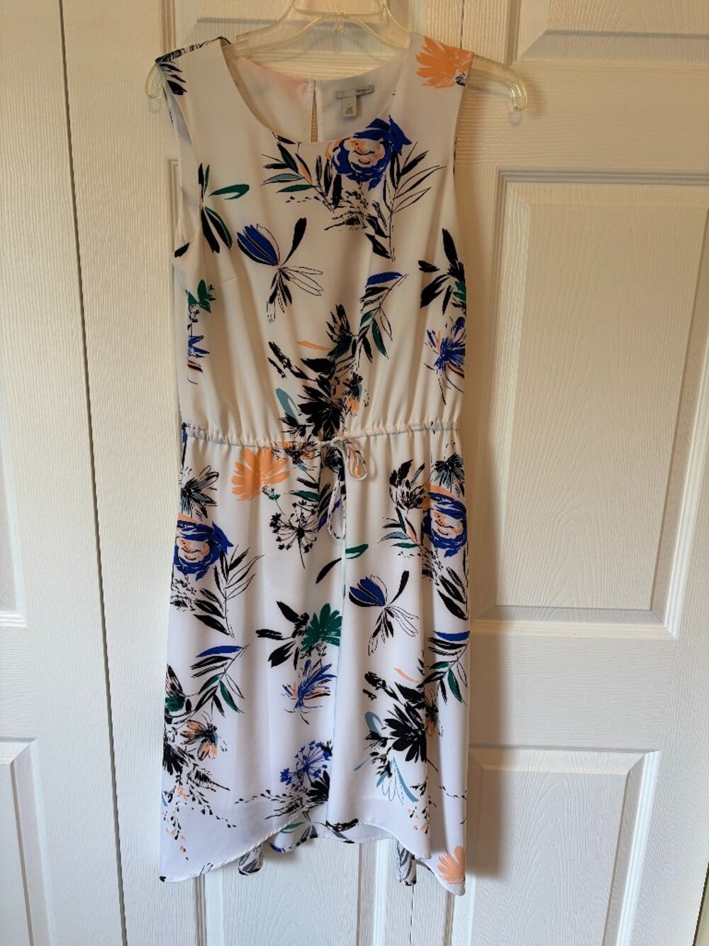 Halogen White Sleeveless Floral Print Casual Tie-Waist Dress
